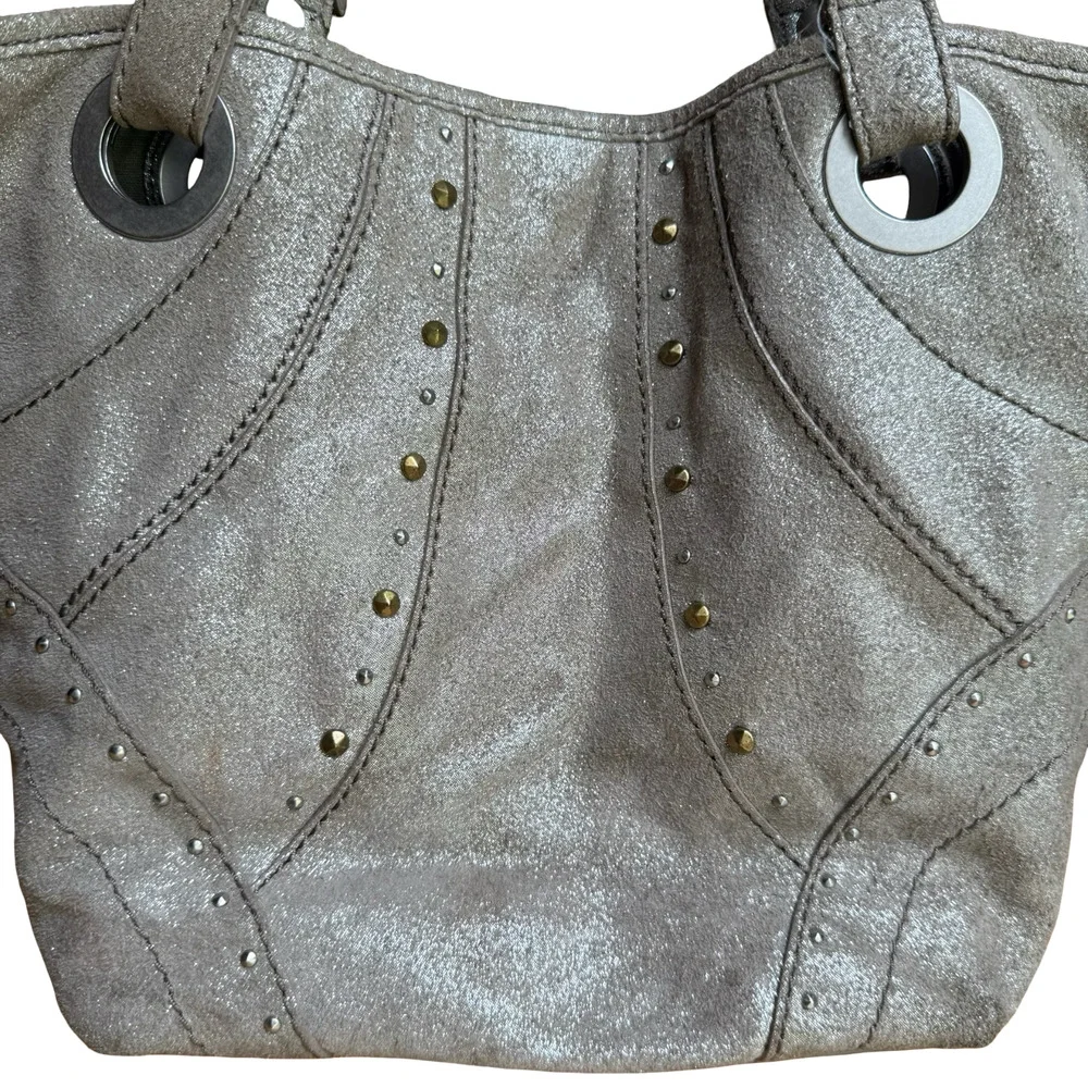 Fossil Metallic Suede Leather Double Handle Shoulder Bag Tote Purse 13x11x4